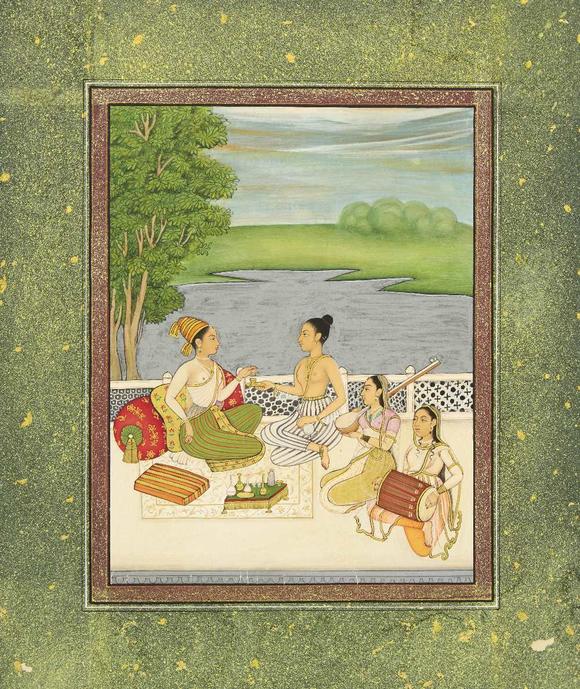 RoseberysA lady entertained on a terrace near a river bank,?
Provincial Mughal, 19th century,?

opaque pigments heightened with gold on paper, on a terrac