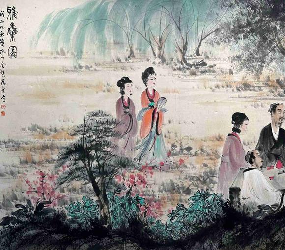 日本松町古美傅抱石 對(duì)弈圖