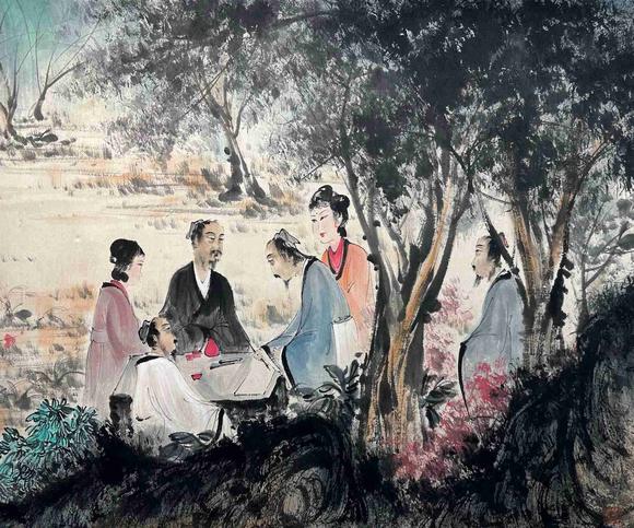 日本松町古美傅抱石 對(duì)弈圖