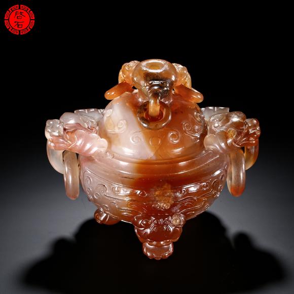 北京啟石清 獸耳活環(huán)三足香爐（帶木座）