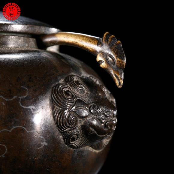北京啟石明 銅嵌銀絲鋪首水盂（帶勺帶蓋）