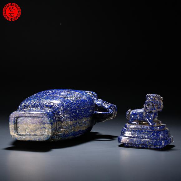 北京啟石清 獅鈕獸耳饕餮紋青金石寶瓶