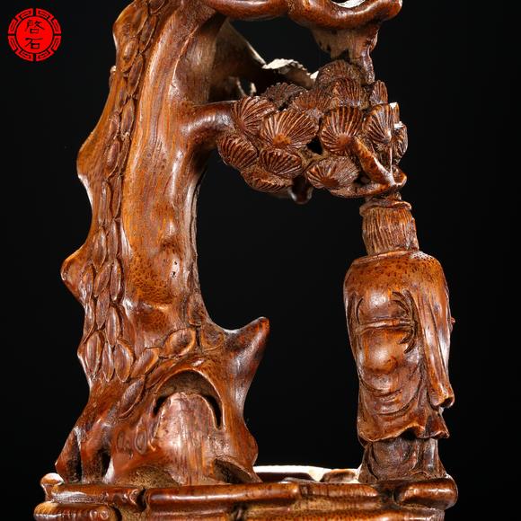 北京啟石清 竹根雕“淵愛菊”擺件（帶木座）