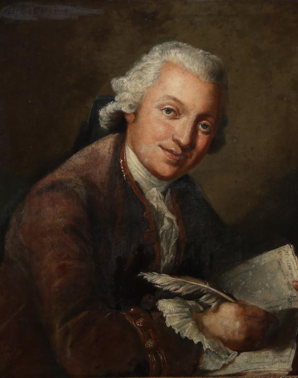 Goldfield Auction sarlsécole fran?aise du XVIIIe siècle, portrait d’homme de lettres ou de notable en habit d’époque Louis XV, représenté tenant une plume et une lettre da