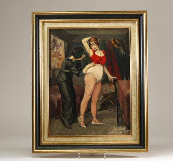 Goldfield Auction sarlsErnest MARNEFFE (1866-1921), huile sur toile représentant une danseuse de cabaret en costume de scène rouge et blanc dans l’intimité des coulisses, a