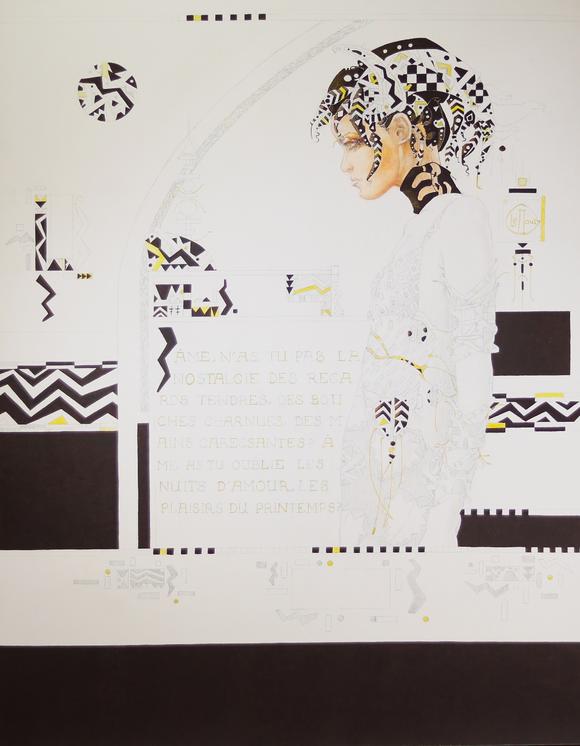 Goldfield Auction sarlsChristian LE MOULT (1941-2024), huile sur toile représentant une jeune femme de profil dans une composition stylisée mêlant motifs géométriques et ins
