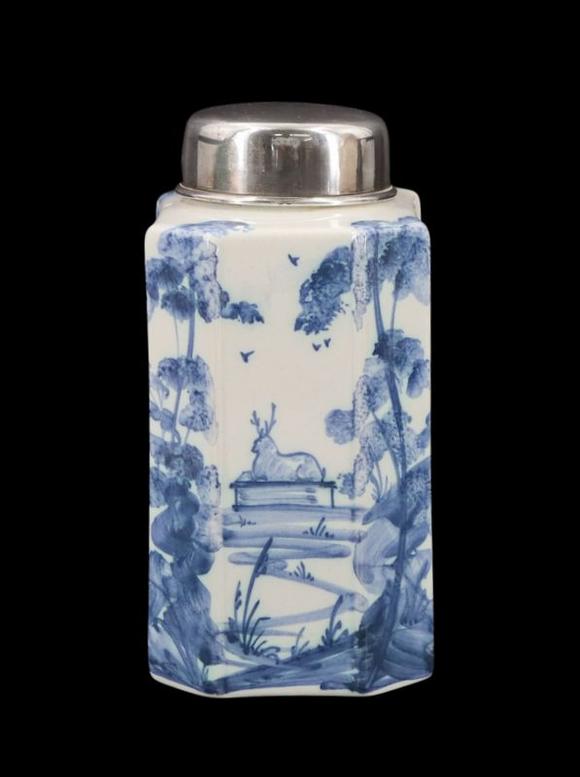 Clarke Auction GallerySILVER. English Silver Mounted Delftware Tea Caddy