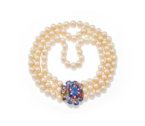DreweattsA SAPPHIRE, COLOURED SAPPHIRE, DIAMOND AND CULTURED PEARL NECKLACE