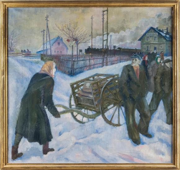 Hargesheimer Kunstauktionen DüsseldorfCONRAD FELIXMüLLER – 'BAHNHOF TAUTENHAIN, FR?ULEIN KRASSELT MIT POSTKARRE' (1958)