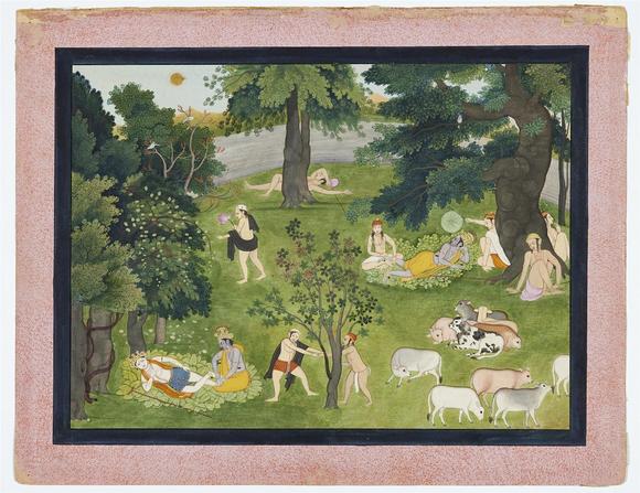 Kunsthaus Lempertz KGKrishna and Balarama receiving foot massage during an afternoon break. Opaque pigments and gold on paper. Punjab Hills, Himachal Pradesh, Kangra. End of 18th century
