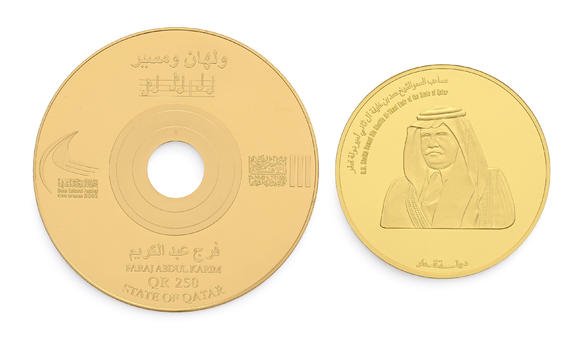 Piguet - H?tel des VentesQatar, Hamad ben Khalifa al Thani (1995-2013), 5000 rials en or fin, 2003 et 250 rials commémorative en plaqué or, 2003