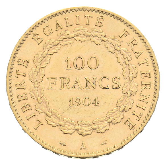 Piguet - H?tel des VentesFrance, 100 francs or 1904 A (Paris), type Génie, tranche inscrite en relief, diam. 3,5 cm, 32,2 g.