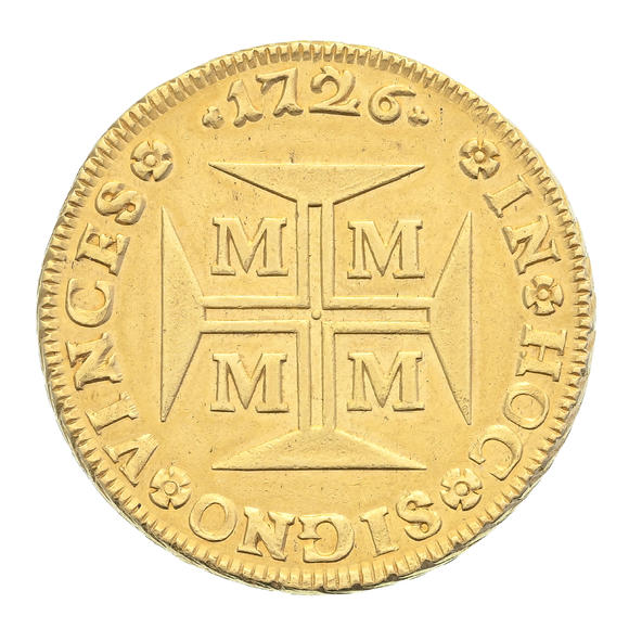 Piguet - H?tel des VentesBrésil, Jo?o V (1724-1750), 20.000 reis en or, 1726, Minas Gerais, tranche feuillagée, diam. 3,8 cm, 53,4 g.