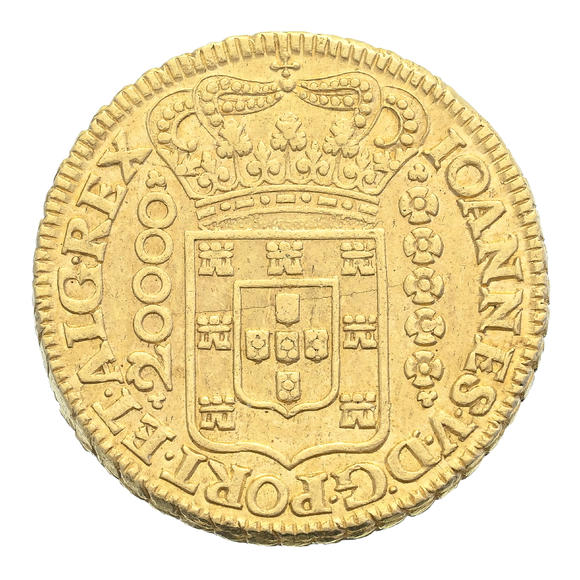 Piguet - H?tel des VentesBrésil, Jo?o V (1724-1750), 20.000 reis en or, 1726, Minas Gerais, tranche feuillagée, diam. 3,8 cm, 53,6 g.