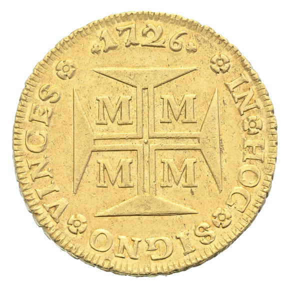 Piguet - H?tel des VentesBrésil, Jo?o V (1724-1750), 20.000 reis en or, 1726, Minas Gerais, tranche feuillagée, diam. 3,8 cm, 53,6 g.