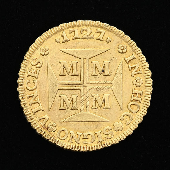 Piguet - H?tel des VentesBrésil, Jo?o V (1724-1750), 10.000 reis en or, 1727, Minas Gerais, tranche feuillagée, diam. 3,3 cm, 26,8 g.