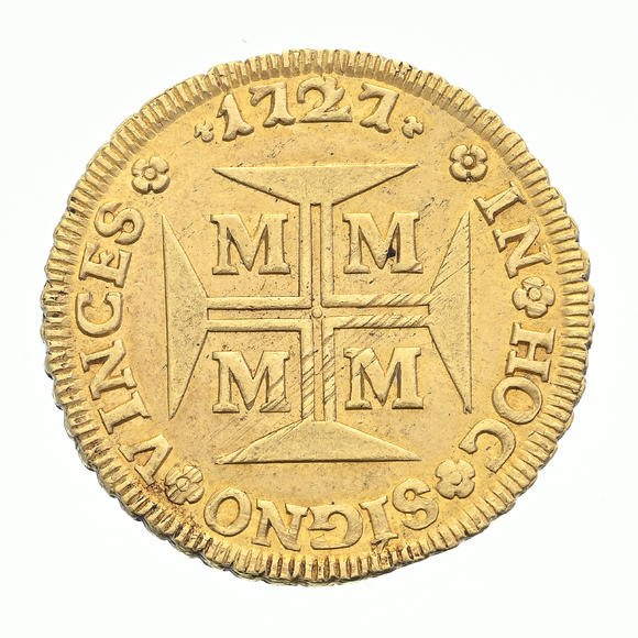 Piguet - H?tel des VentesBrésil, Jo?o V (1724-1750), 10.000 reis en or, 1727, Minas Gerais, tranche feuillagée, diam. 3,3 cm, 26,8 g.