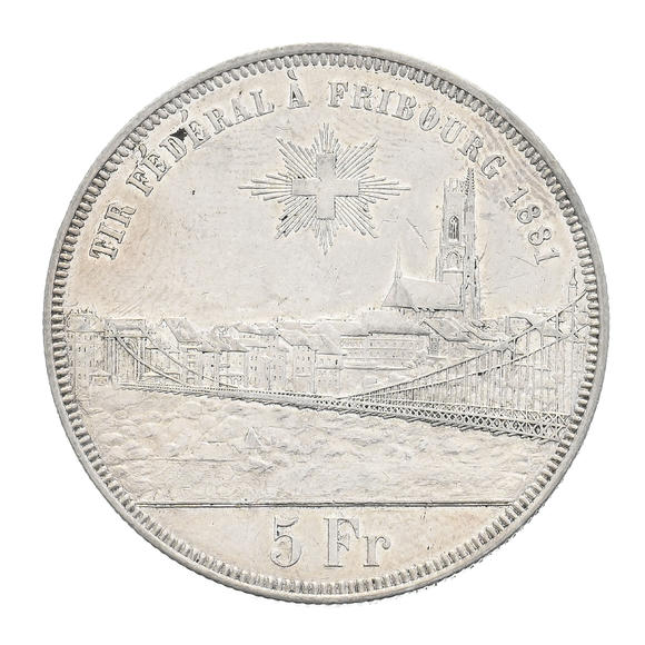 Piguet - H?tel des VentesTir Fédéral de Fribourg, 1881, écu de tir (5 francs) en argent, tranche cannelée, diam. 3,7 cm, 24,97 g.