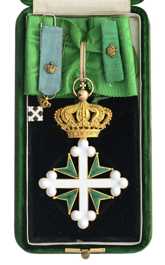 Piguet - H?tel des VentesItalie / Royaume d'Italie, Ordre des Saints Maurice et Lazare, fondé en 1572, croix de Commandeur et réduction, en or et émail