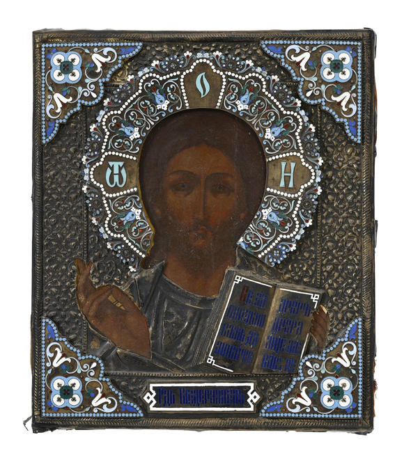 Piguet - H?tel des VentesChrist Pantokrator, ic?ne sur panneau polychrome avec oklad en argent et émail cloisonné, 31,5x27 cm