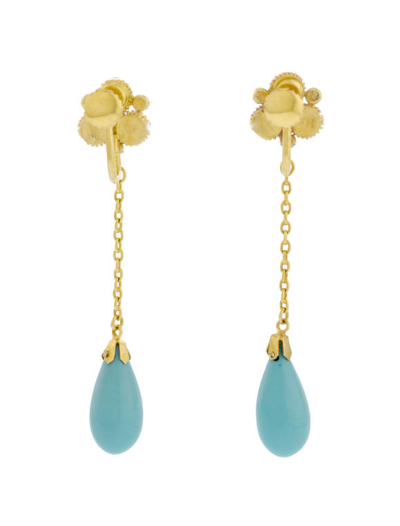 Piguet - H?tel des VentesPaire de pendants d'oreilles or 585 granulé et filigrané retenant des gouttes de turquoise