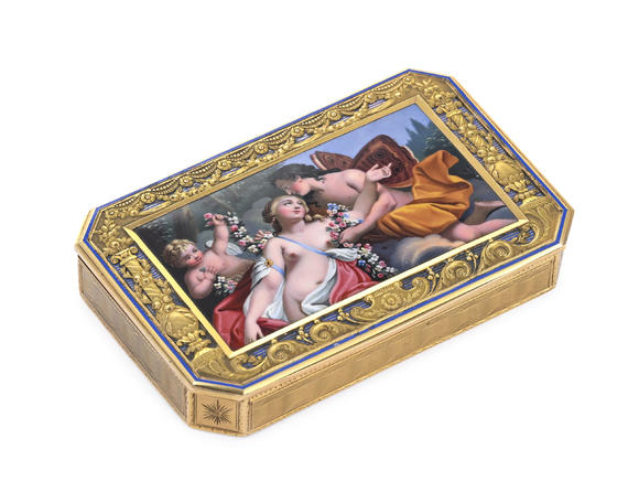 Piguet - H?tel des VentesTabatière en or et émail, Russie, Saint Pétersbourg fin XIXe s., le dessus centré d'une miniature en émail plein d'Ariadne et DionysusGold and enamel snuff box, Saint Petersburg, late 19th century,