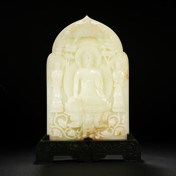 HUNG YUN ZHAI AUCTION HOUSE INCThree Hetian White Jade Buddhist Statues with Spinach Green Jade Base