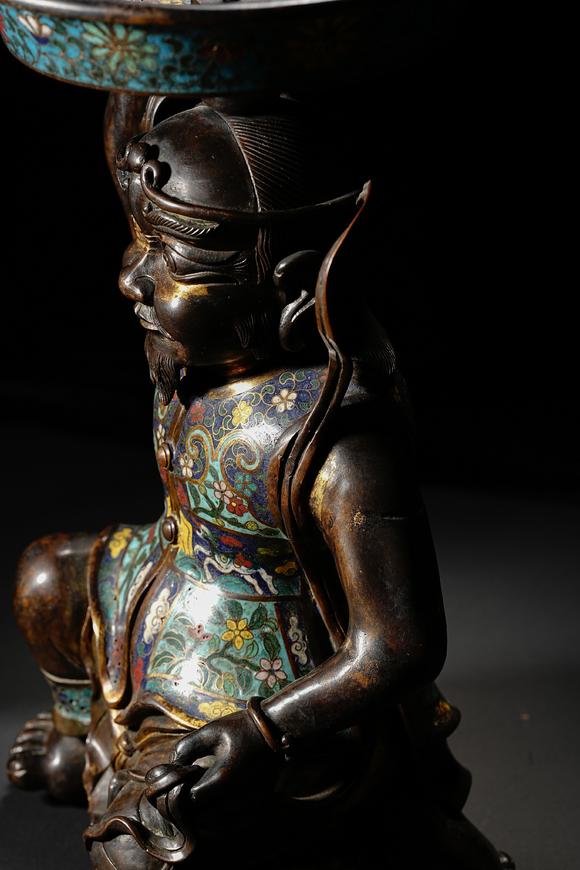 HUNG YUN ZHAI AUCTION HOUSE INCPair of Bronze Cloisonné Enamel Candelabra with Central Asian (Hu) Figure Motif