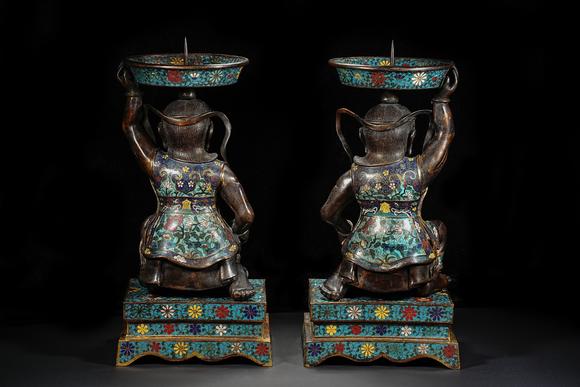HUNG YUN ZHAI AUCTION HOUSE INCPair of Bronze Cloisonné Enamel Candelabra with Central Asian (Hu) Figure Motif