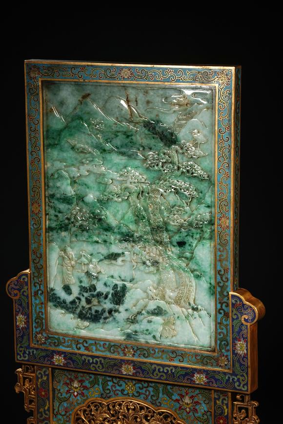 HUNG YUN ZHAI AUCTION HOUSE INCQianlong Period Imperial Bronze Cloisonné Enamel Stand Screen Inlaid with Jadeite and Landscape with Figures