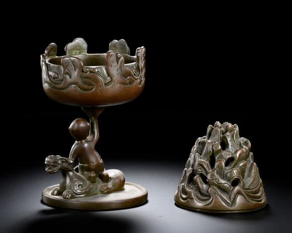 HUNG YUN ZHAI AUCTION HOUSE INCBronze Boshan Incense Burner with Central Asian (Hu) Figure Riding a Beast