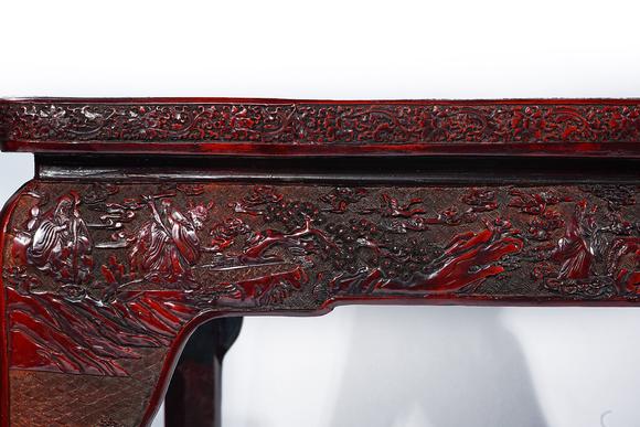 HUNG YUN ZHAI AUCTION HOUSE INCQing Dynasty Set of Red Lacquer Carved and Cloisonné Enamel Inlaid Landscape and Figure Story Square Table and Chairs