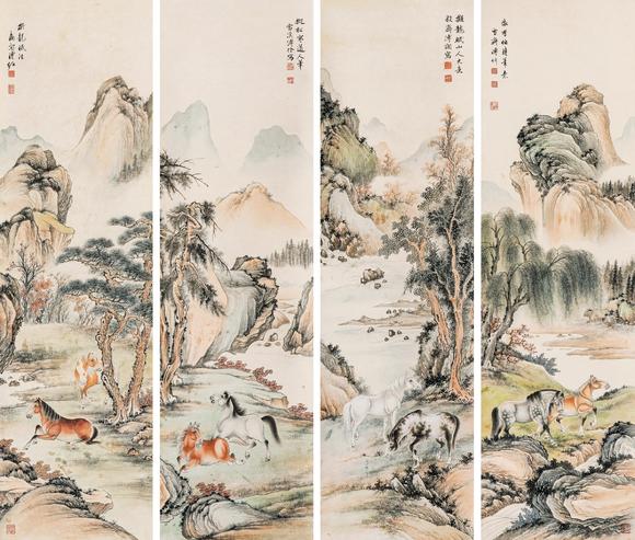 中鴻信溥佐（1918-2001）、溥伒（1893-1966）、溥僩（1901-1966）、溥佺（1913-1991）?八駿圖四屏