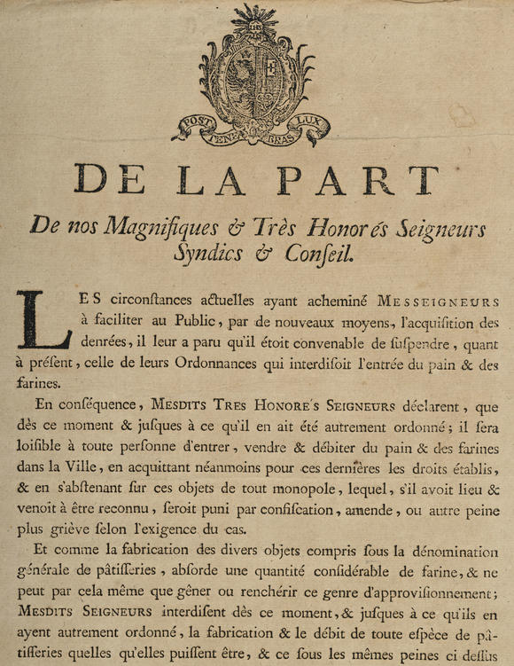 Piguet - H?tel des VentesHELVETICA. édit de Genève de 1788 relatif à la régulation de l'approvisionnement de la farine, 23x36,5 cm, encadré
