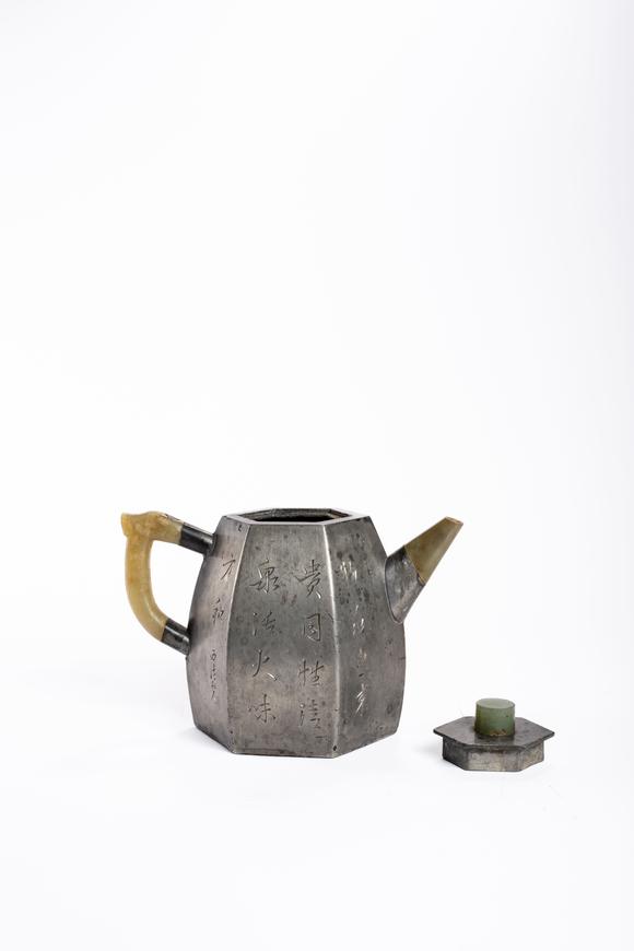 中鴻信清中期 錫製三鑲玉詩(shī)文壺