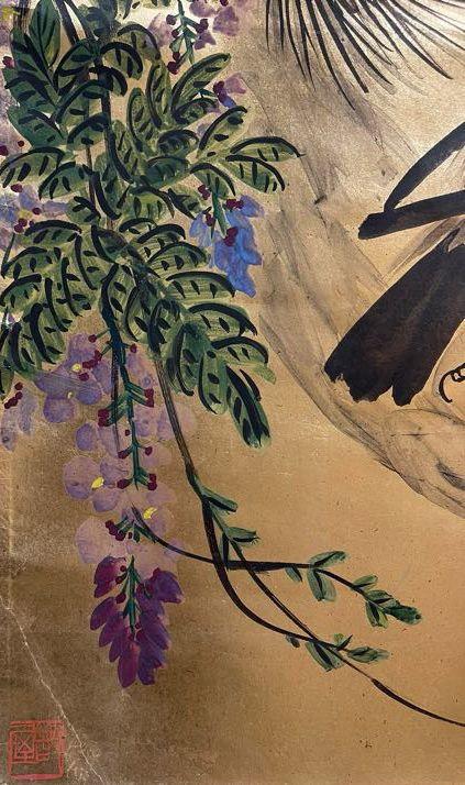 日本松町古美齊白石 金紙花鳥圖