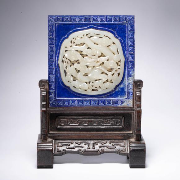 （和正堂株式會社）吉祥美術(shù)元 白玉 硯屏 帶紫檀座