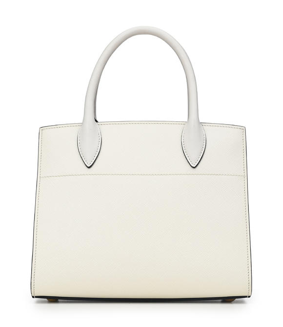Piguet - H?tel des VentesPrada, sac City mini Bibliothèque en cuir saffiano blanc avec soufflet rose, bandoulière