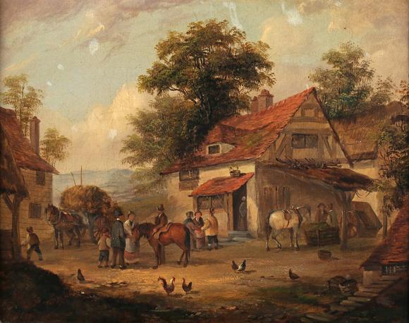 TooveysCircle of Georgina Lara - Farmyard scene, oil on canvas, 20.5cm x 25