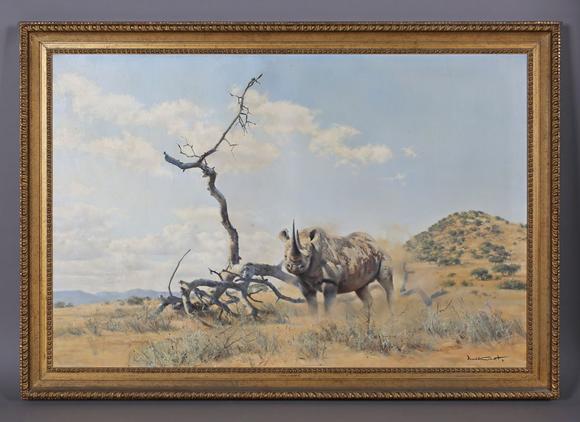 TooveysDonald Grant (British 1924-2001) - Rhinoceros in a landscape, oil on