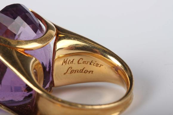TooveysA Monture Cartier gold and amethyst single stone ring, claw set with