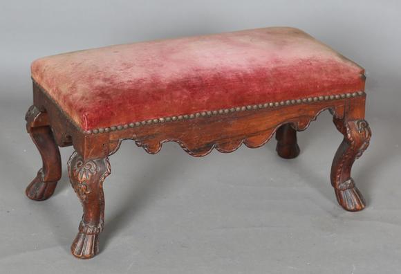 TooveysA 19th century Queen Anne style walnut rectangular stool, upholstere