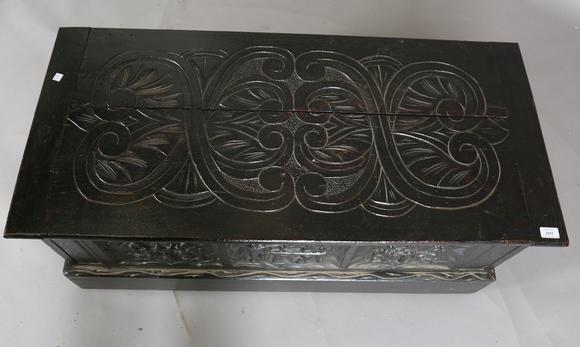 TooveysA late Victorian oak coffer with carved figural scenes to front, hei