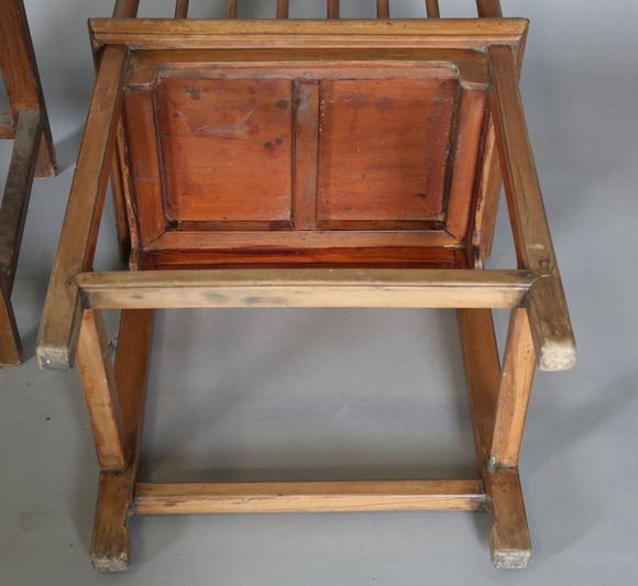TooveysTwo pairs of Chinese softwood chairs with carved backs and solid pan