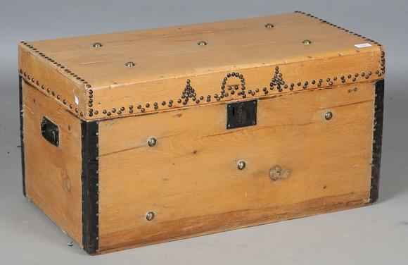 TooveysA 19th century pine and brass studded trunk, height 39cm, width 76cm
