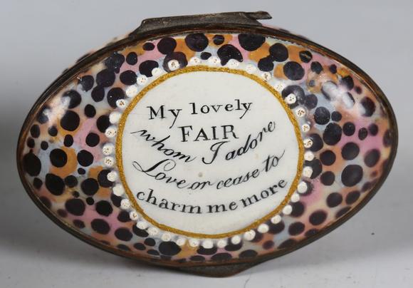 TooveysAn 18th century South Staffordshire enamel oval snuff box, decorated