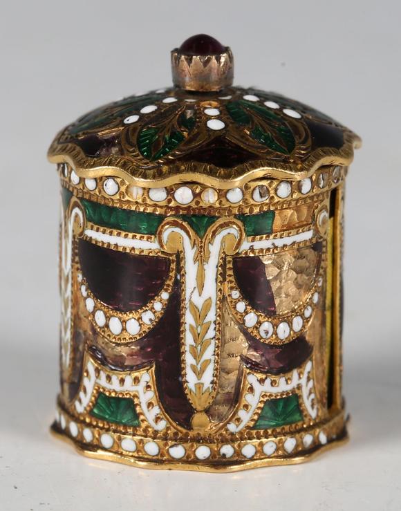 TooveysA fine 19th century gold, varicoloured enamelled and ruby set novelt