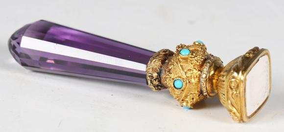 TooveysAn early 19th century gold mounted, amethyst, turquoise and chalcedo