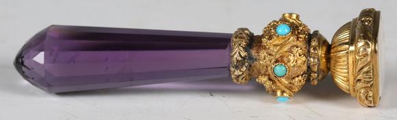 TooveysAn early 19th century gold mounted, amethyst, turquoise and chalcedo