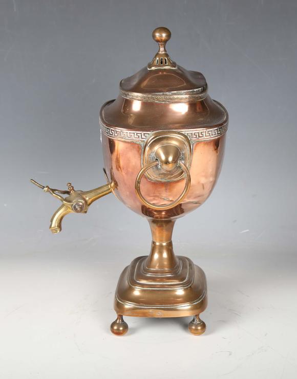 TooveysA Regency copper samovar with Greek key border and ring handles, hei